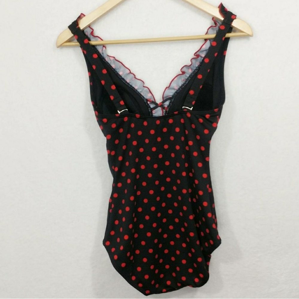 Pin Up Red Black Polka Dot One Piece Swimsuit - Picture 3 of 6